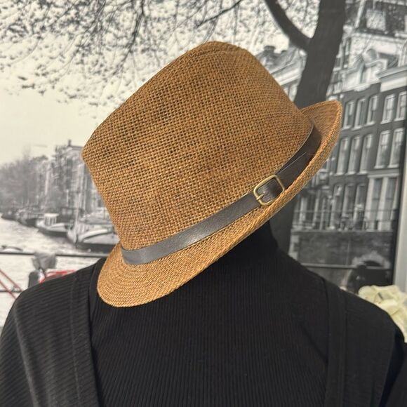 Men’s Unisex Fedora Hat Brown Dark Tan leather accent Short Rim Classic Elegant - Picture 1 of 5